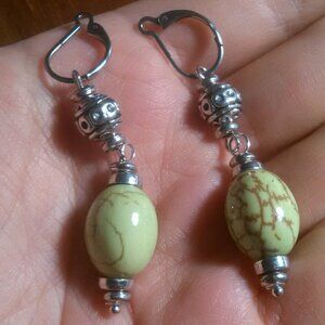 Constituted Green Howlite Beaded Silvertone and Stainless Steel Dangle Earrings